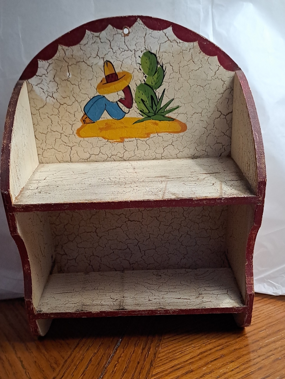 Vtg Mex Folk Art Wall Shelf Features Hand Painted Sombrero Wear Man